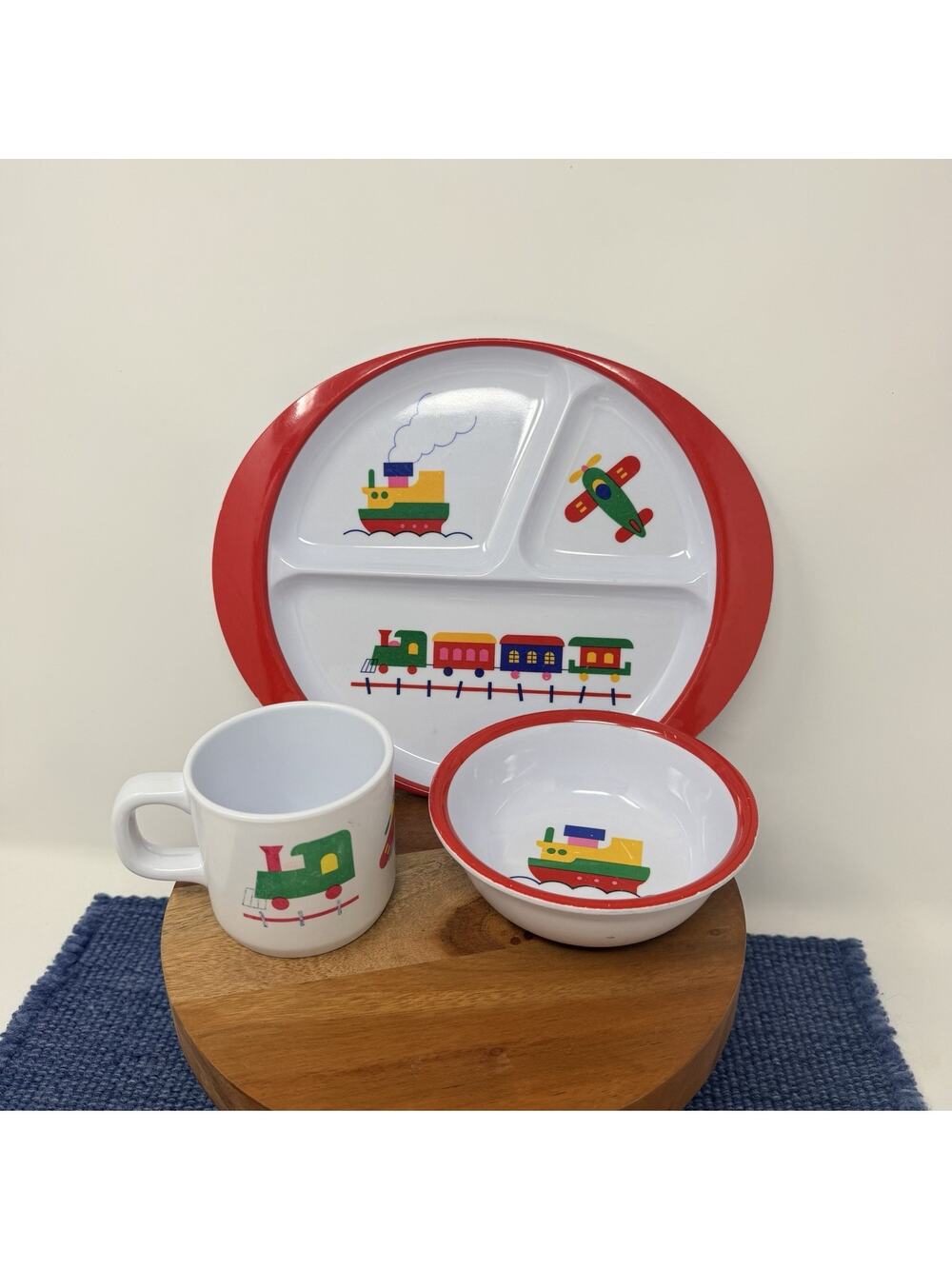 Vintage 1984 PECO Kids 3 Piece Set Divided Plate & Bowl Train Boat, Cup